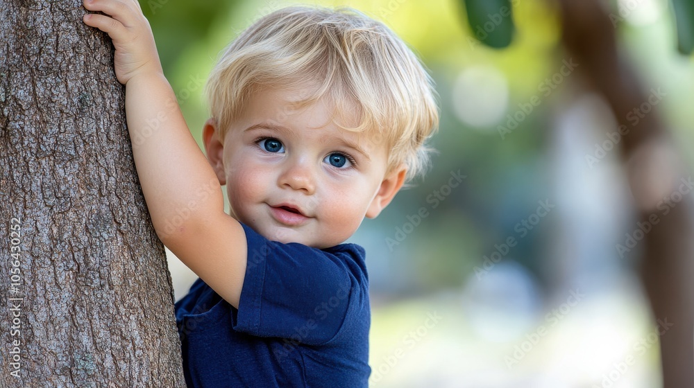 A young blonde child embraces a tree, showcasing innocence and connection with nature, with sunlight filtering through leaves, representing outdoor exploration and wonder. A young blonde child embraces a tree, showcasing innocence and connection with nature, with sunlight filtering through leaves, representing outdoor exploration and wonder.
