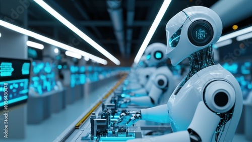 Futuristic robots working in a high-tech factory, showcasing advanced technology and automation in a modern industrial setting.