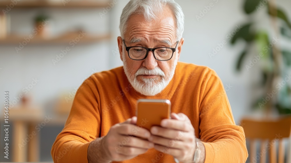 An elderly gentleman with white hair and beard, wearing glasses and an orange sweater, is deeply engrossed in his smartphone, highlighting modern connectivity. An elderly gentleman with white hair and beard, wearing glasses and an orange sweater, is deeply engrossed in his smartphone, highlighting modern connectivity.