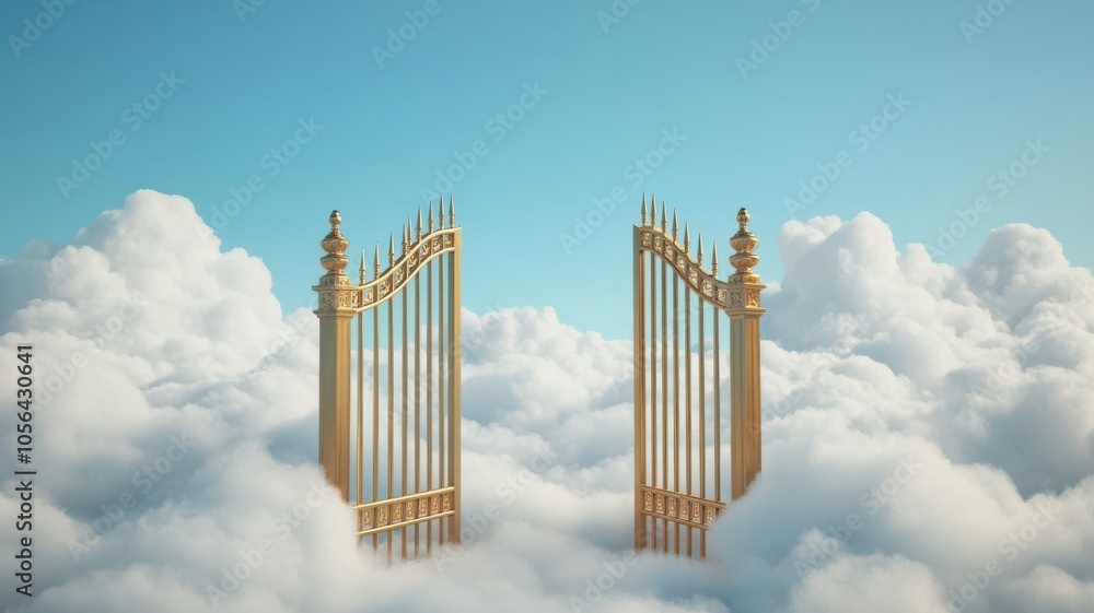 Fototapeta premium Golden gates rise above fluffy clouds, creating a serene and ethereal atmosphere against a bright blue sky.