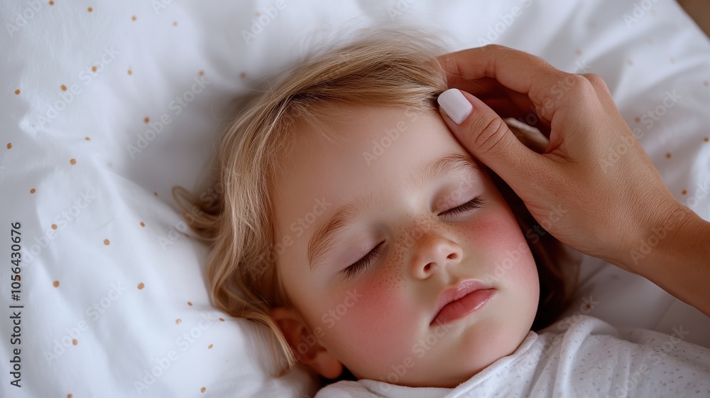 A peaceful child is seen sleeping under a dotted blanket, with a gentle hand resting on the child's forehead, symbolizing care and affection in a serene setting. A peaceful child is seen sleeping under a dotted blanket, with a gentle hand resting on the child's forehead, symbolizing care and affection in a serene setting.