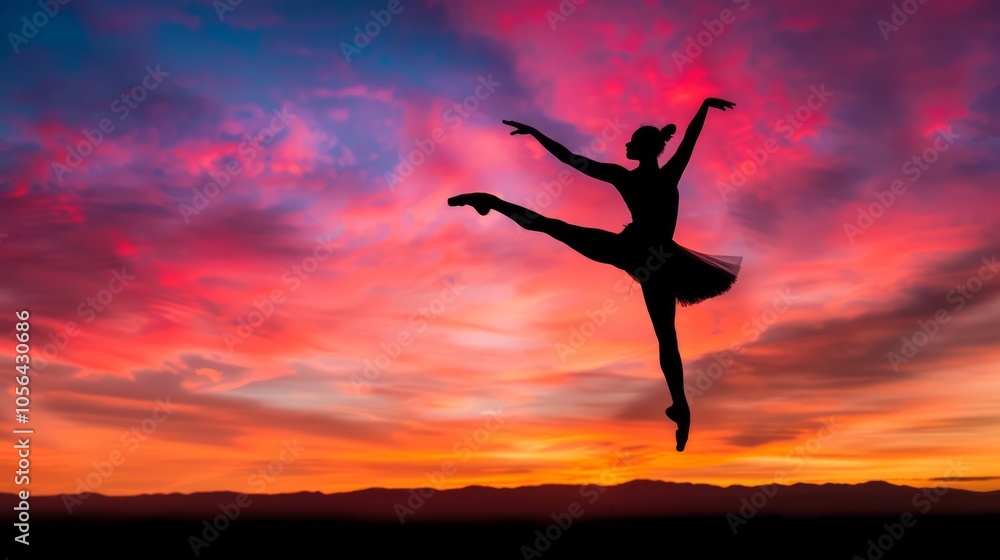 Elegant Dancer Leaping Silhouette Against Sunset Sky Elegant Dancer Leaping Silhouette Against Sunset Sky