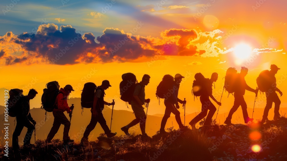 Group of Travelers Hiking at Sunset Silhouette Group of Travelers Hiking at Sunset Silhouette