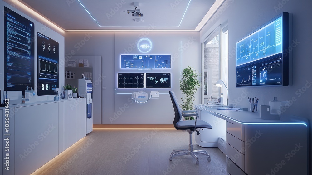 Modern, minimalist home office with smart technology and futuristic design features. Modern, minimalist home office with smart technology and futuristic design features.