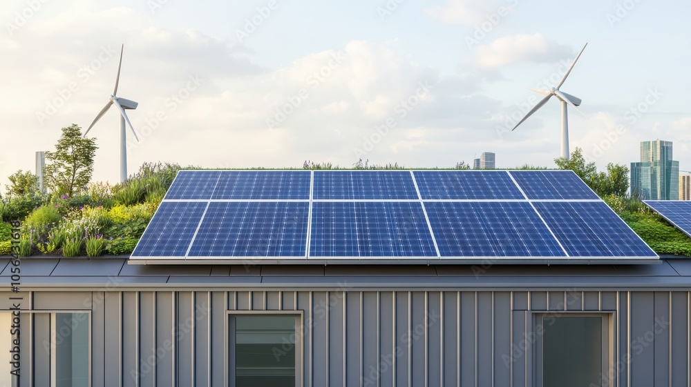 Fototapeta premium Modern home with solar panels on the roof, surrounded by greenery and wind turbines, showcasing sustainable energy solutions.