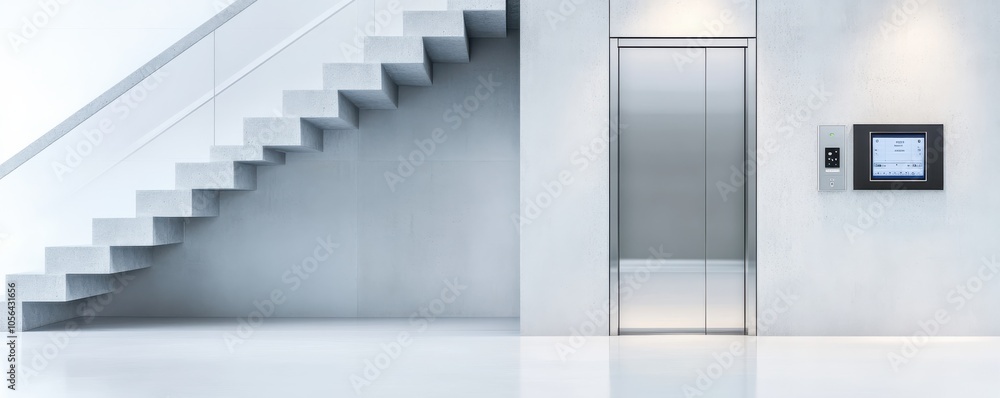 Obraz premium Modern interior featuring a sleek elevator and staircase against a minimalist wall, ideal for architectural and design themes.
