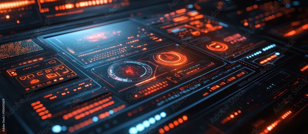 Futuristic digital interface with glowing red and blue elements. Futuristic digital interface with glowing red and blue elements.