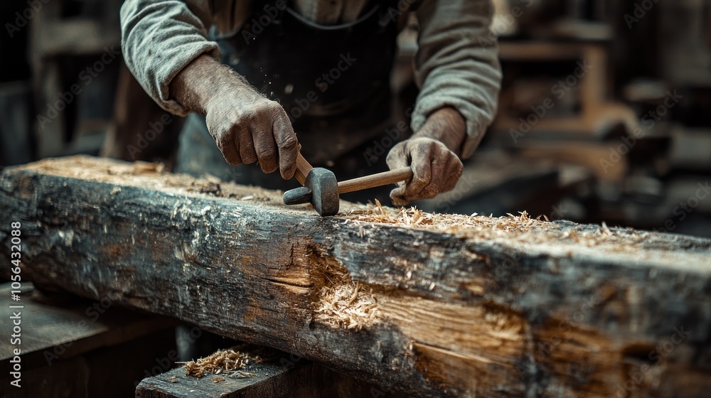 A carpenter's hands work on a wooden beam with a chisel and mallet in a workshop. A carpenter's hands work on a wooden beam with a chisel and mallet in a workshop.