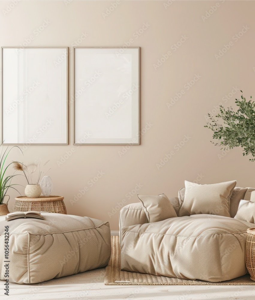 A minimalist living room with two beige poufs. a rug. two framed pictures. a plant. and a side table A minimalist living room with two beige poufs. a rug. two framed pictures. a plant. and a side table