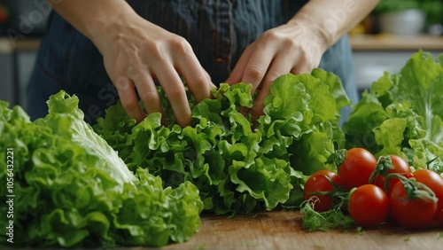 person holding lettuce in their hands A Woman's hands cutting lettuce, behind fresh vegetables High quality HD 4K