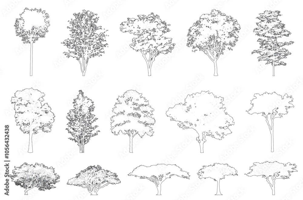 Minimal style cad tree line, Side view, set of graphics trees elements outline symbol for architecture and landscape design drawing. Vector illustration in stroke fill in white. Tropical