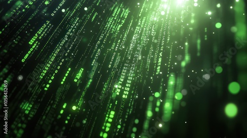 Abstract digital background with green binary code and bokeh lights.