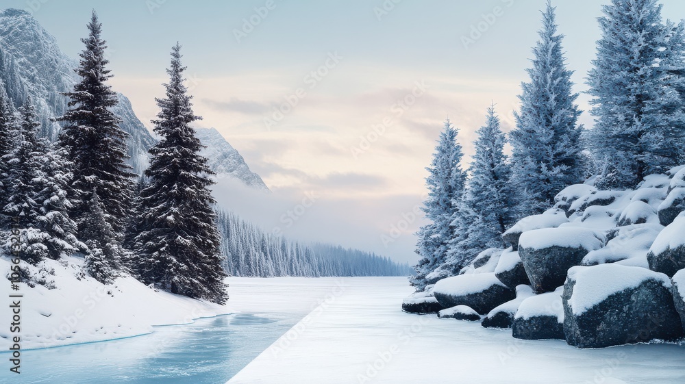 Serene winter landscape featuring snow-covered trees, a frozen river, and majestic mountains under a soft, cloudy sky. Serene winter landscape featuring snow-covered trees, a frozen river, and majestic mountains under a soft, cloudy sky.