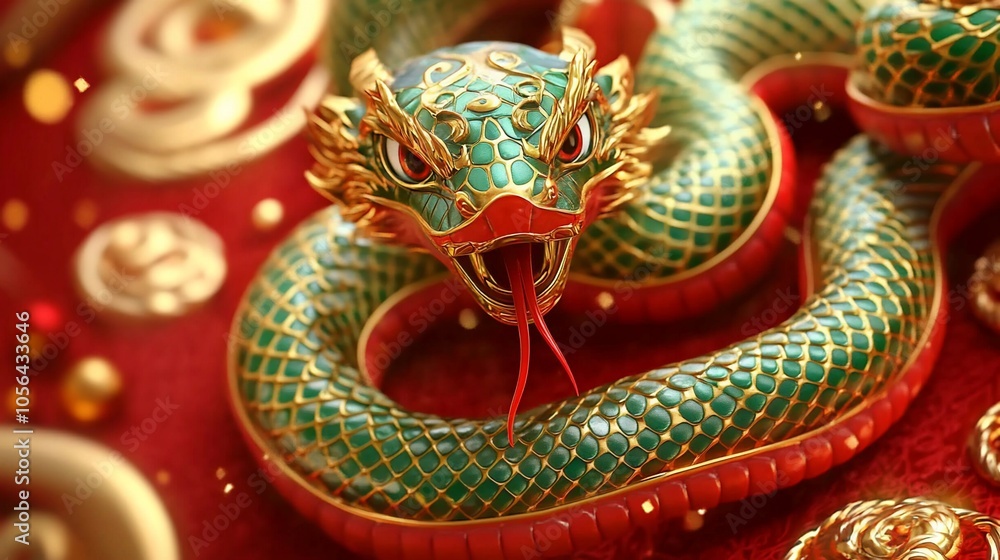 A green and gold snake with red eyes and a forked tongue, surrounded by gold coins and decorations on a red background. A green and gold snake with red eyes and a forked tongue, surrounded by gold coins and decorations on a red background.