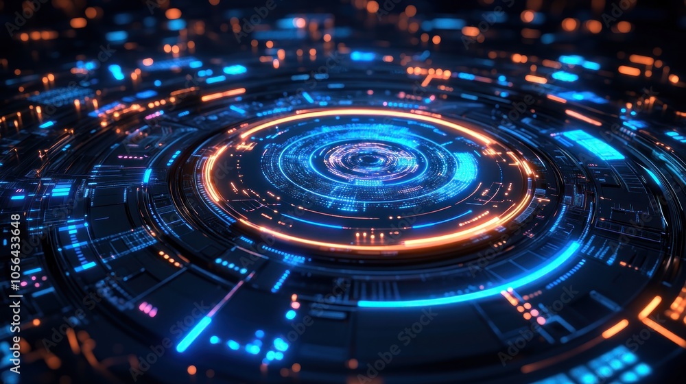 Abstract futuristic technology background with glowing blue and orange circles and lines. Abstract futuristic technology background with glowing blue and orange circles and lines.