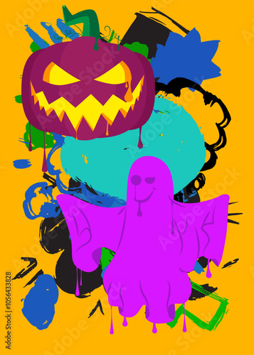 Halloween Jack O' Lantern and Ghost Graffiti tag. Abstract modern street art decoration performed in urban painting style.