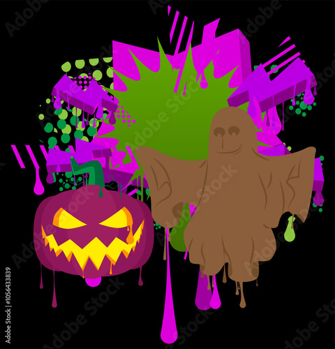 Halloween Jack O' Lantern and Ghost Graffiti tag. Abstract modern street art decoration performed in urban painting style.