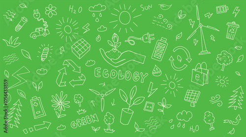 Ecology set of many objects white isolated line art simple ecology sketches doodles hand drawn on a green background, go green, ecology lifestyle