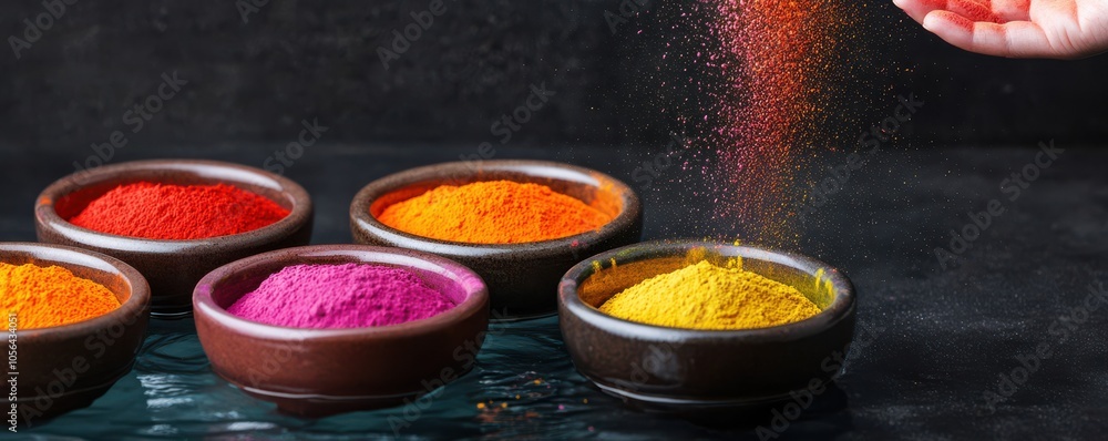 Vibrant bowls of spices with a hand sprinkling colorful powder, showcasing rich textures and vivid hues for culinary inspiration. Vibrant bowls of spices with a hand sprinkling colorful powder, showcasing rich textures and vivid hues for culinary inspiration.