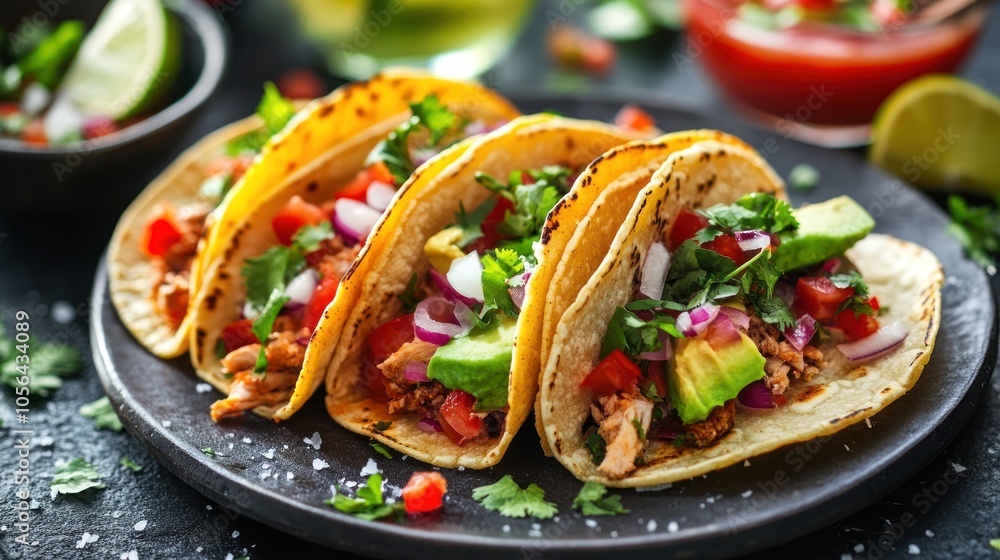 Three delicious tacos with pulled pork, avocado, tomatoes, onions and cilantro on a black plate. Three delicious tacos with pulled pork, avocado, tomatoes, onions and cilantro on a black plate.