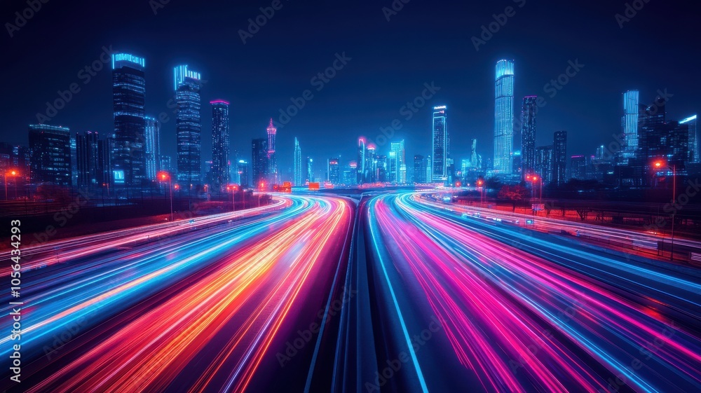 Vibrant night cityscape with dynamic light trails showcasing urban energy and modern architecture in a glowing metropolis. Vibrant night cityscape with dynamic light trails showcasing urban energy and modern architecture in a glowing metropolis.