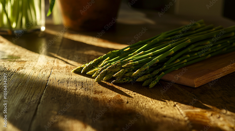 Fresh Green Asparagus on Rustic Wooden Table in Warm Sunlight Fresh Green Asparagus on Rustic Wooden Table in Warm Sunlight