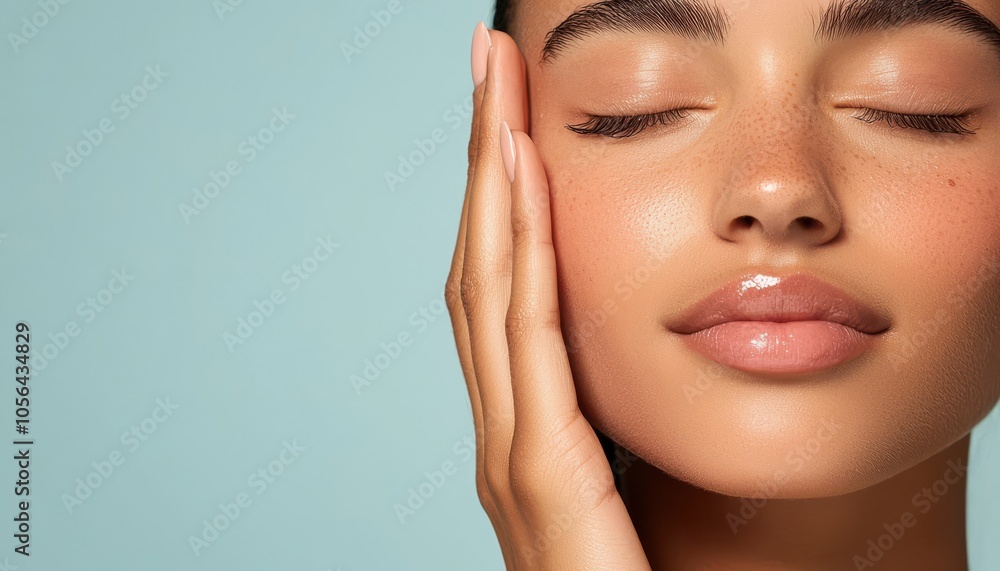 A serene close-up of a person gently touching their face, showcasing smooth skin and a calm expression against a soft blue background. A serene close-up of a person gently touching their face, showcasing smooth skin and a calm expression against a soft blue background.