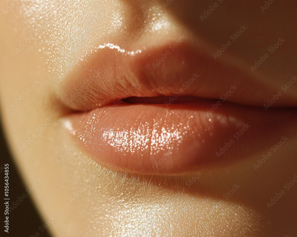 Fototapeta premium Close-up of glossy, soft lips showcasing a natural nude lip color with a shimmering sheen.