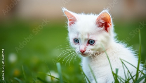 white cat on grass white kitten white backgrund