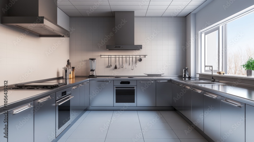 A modern kitchen featuring sleek stainless steel appliances, minimalist design, and ample natural light from a large window. A modern kitchen featuring sleek stainless steel appliances, minimalist design, and ample natural light from a large window.