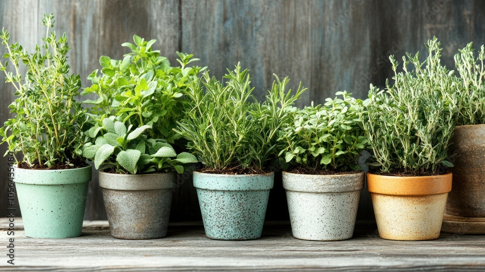 A collection of potted herbs on a rustic wooden surface. A collection of potted herbs on a rustic wooden surface.
