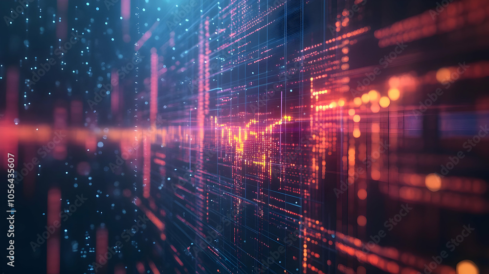 Fototapeta premium Abstract Digital Grid Background with Glowing Lines and Bokeh Lights