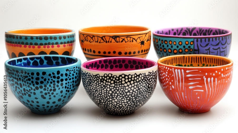 Six colorful ceramic bowls with different patterns and designs. Six colorful ceramic bowls with different patterns and designs.