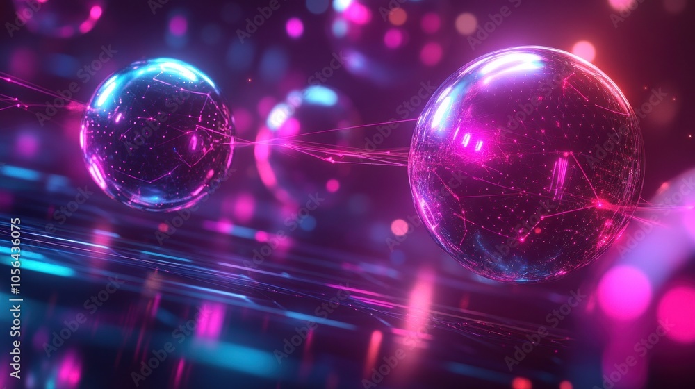 Abstract futuristic background with glowing spheres connected by lines and surrounded by bokeh lights. Abstract futuristic background with glowing spheres connected by lines and surrounded by bokeh lights.