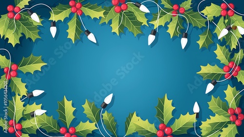 Holly Sprigs and Lights on a Blue Background