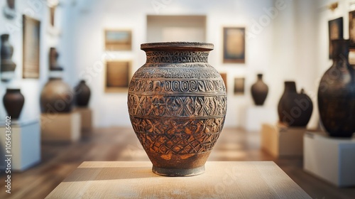 An ornately decorated clay vase sits on a pedestal in a museum setting.