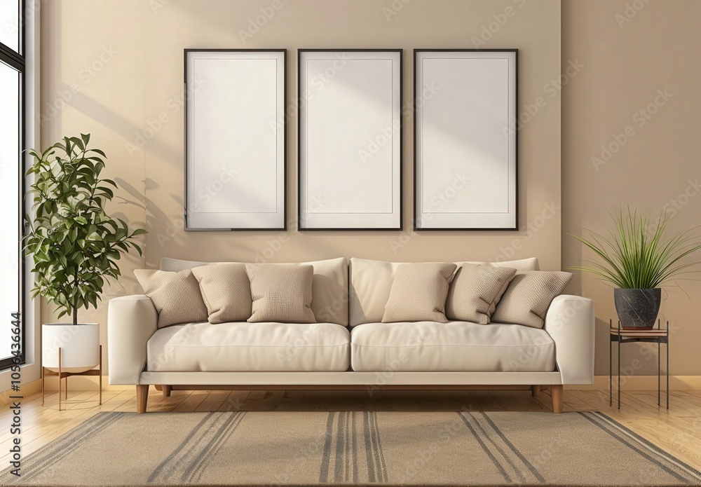 Modern living room interior with a beige sofa. three empty picture frames. a rug. and plants Modern living room interior with a beige sofa. three empty picture frames. a rug. and plants
