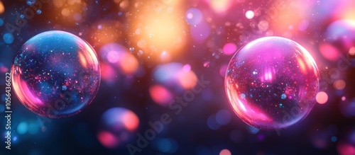 Two iridescent spheres glow in the dark with a bokeh background.