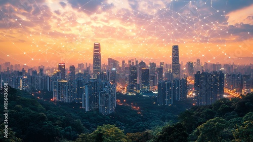 A panoramic view of a modern city skyline at sunset, with a network of glowing lines connecting the buildings, symbolizing connectivity and technological advancement.