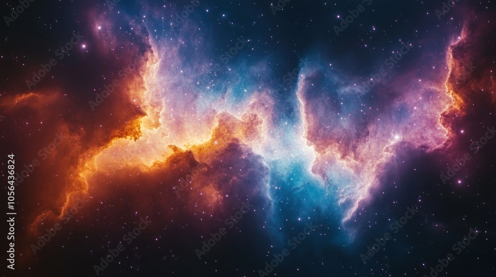A vibrant nebula with swirling clouds of gas and dust in shades of orange, blue, and pink against a dark starry backdrop. A vibrant nebula with swirling clouds of gas and dust in shades of orange, blue, and pink against a dark starry backdrop.