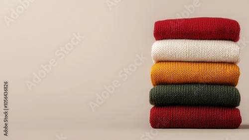 A cozy stack of colorful knitted sweaters neatly arranged against a plain background.
