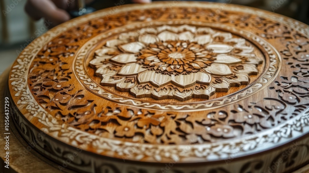 Close-up of a intricately carved wooden tabletop with a floral design. Close-up of a intricately carved wooden tabletop with a floral design.
