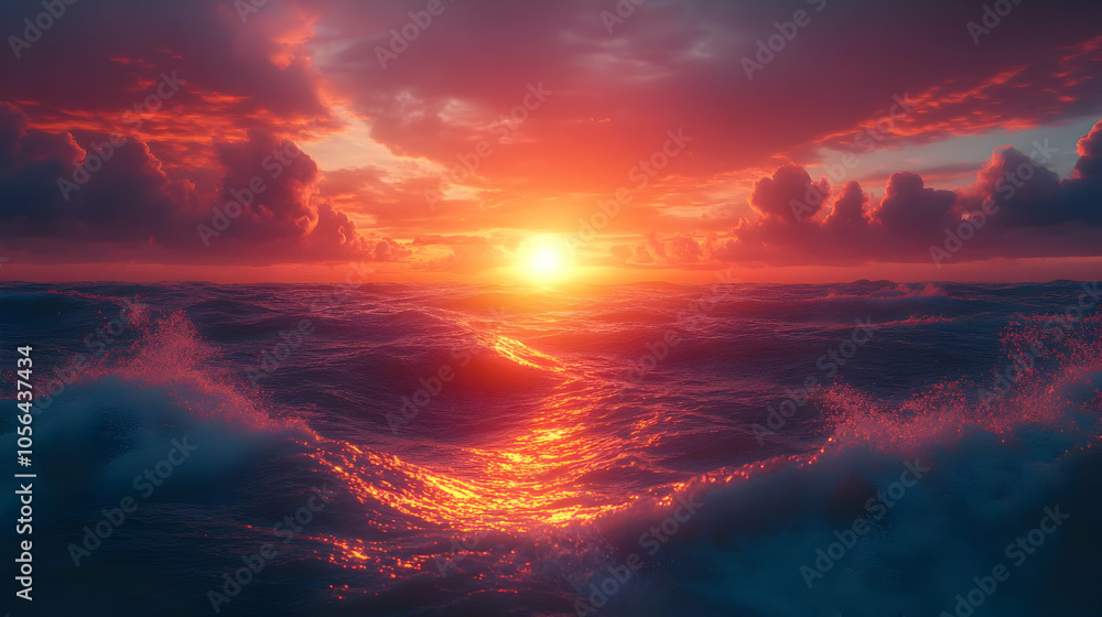 Obraz premium Ocean Sunset Landscape - Dramatic Sky with Waves