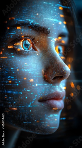 A woman's face is superimposed with digital data, glowing orange and blue.