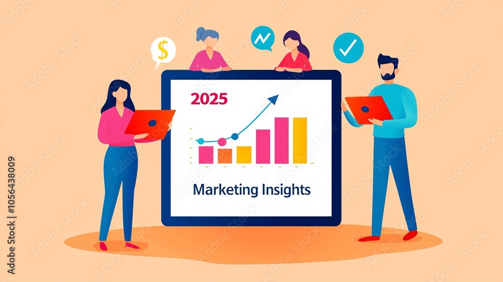 A graphic showcasing marketing insights for 2025, featuring a growth chart and people analyzing data on devices.
