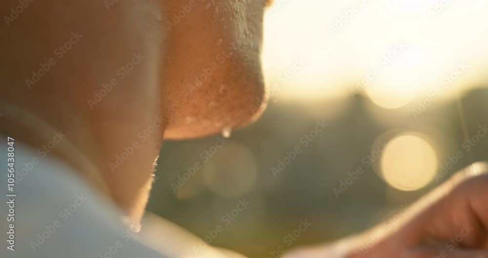 Closeup, man and tired with sweat for exercise, fitness and workout for marathon challenge outdoor. Male person, athlete or wipe face on zoom with breathing, running activity or training for wellness Closeup, man and tired with sweat for exercise, fitness and workout for marathon challenge outdoor. Male person, athlete or wipe face on zoom with breathing, running activity or training for wellness
