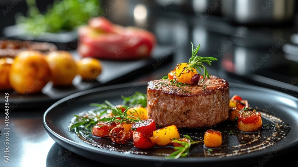 Close-up of a perfectly cooked steak on a black plate with roasted vegetables and rosemary garnish. Close-up of a perfectly cooked steak on a black plate with roasted vegetables and rosemary garnish.