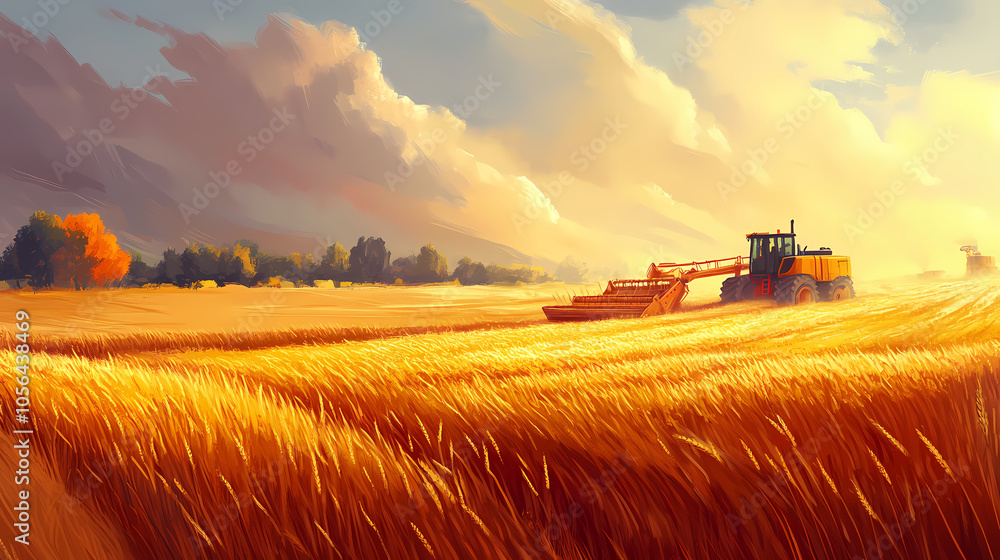Fototapeta premium A breathtaking scene of golden barley fields being harvested by large machinery at dusk. Golden Harvest Fields. Illustration