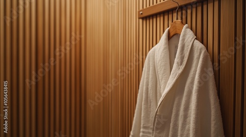 White bathrobe hanging on a wooden hanger in a spa bathroom with wood paneling.