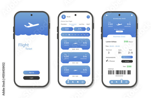 Online airline ticket booking design for mobile application. Airline ticket booking platform screen. Graphical user interface for responsive mobile applications